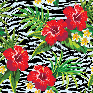 热带花卉图案和斑马背景