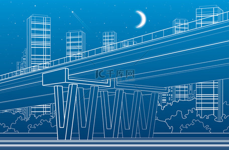 天桥，建筑和基础设施插图，运输立交桥，公路，白线城市场景，夜晚的城市背景，矢量设计艺术