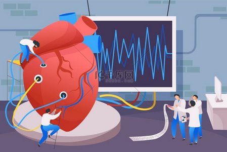 人的心脏与心电图屏幕相连的医疗中心平面组合物，带有电线和医生特征 向量例证