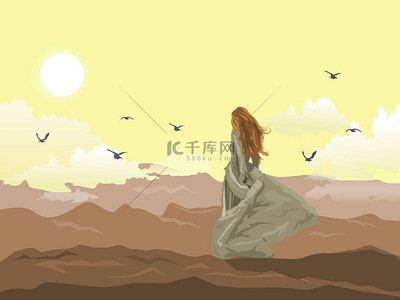 慵懒长裙背景图片_一个穿着白色长裙的女人站在一座山上，后面是一片黄天.
