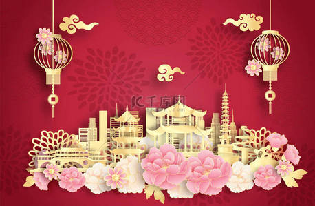 成都背景图片_中国成都有世界著名的地标和美丽的中国灯笼剪纸风格矢量插图