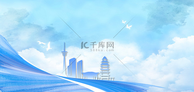 城市背景图片_成都地标建筑蓝色水墨剪纸风简约城市