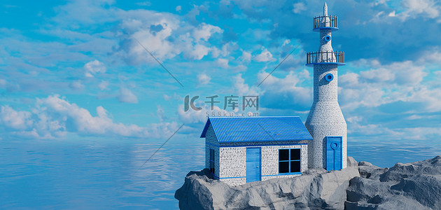 海背景图片_建筑房子海洋蓝色 c4d