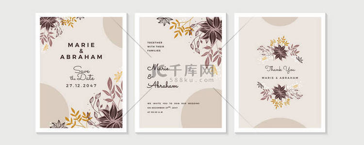 婚宴请柬,花卉请柬谢谢, rsvp现代卡片设计:绿色热带叶分枝和框架图案.矢量典雅的水彩画模板.装饰式现代布局