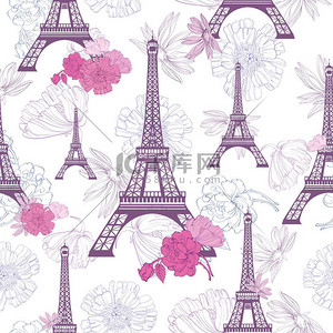 矢量紫色粉红色的 Eifel 塔巴黎和玫瑰花无缝重复图案。适合旅游主题明信片, 贺卡, 婚礼请柬.