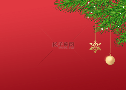 插画挂件背景图片_圣诞节植物和挂件红色背景