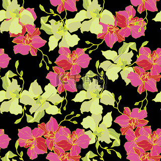 壁纸背景图片_美丽的粉红色和黄色的兰花花。无缝的背景模式。织物壁纸打印纹理。在黑色背景上雕刻的艺术.