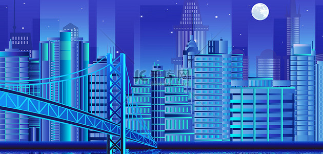 扁平城市插画背景图片_城市建筑蓝色扁平城市海报