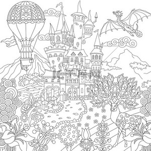 童话图片。童话风光与复古城堡, 龙, 魔术鹿, 热气球。着色页。成人着色书的想法。抗应力手绘素描画.