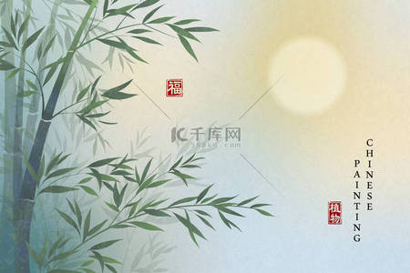 中国水墨画艺术背景图,在夜晚点缀竹月的优美风景.中文译文：植物与祝福.