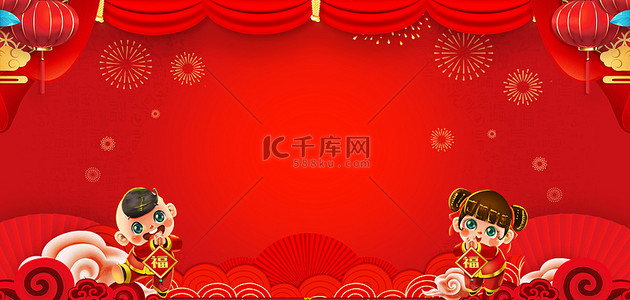 拜年背景图片_新年福娃拜年红色中国风新年海报背景