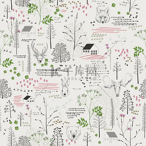 小动物森林背景图片_无缝模式与乔木、 灌木、 树叶、 复古风格的浅色背景上的动物.