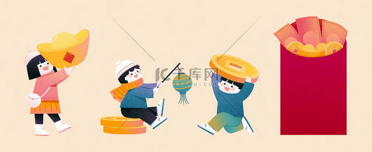 中国的节日背景图片_CNY的儿童角色设计。图片说明：一个红色的大信封，一个亚洲孩子拿着不同的节日礼物庆祝中国的新年