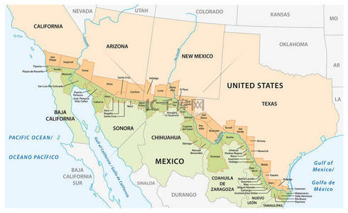 沿边界的美国和墨西哥边境地区的矢量图
