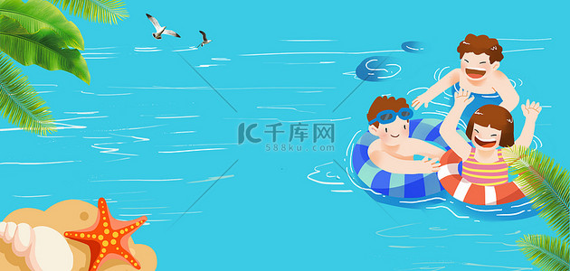 游泳池儿童游泳蓝色卡通手绘背景