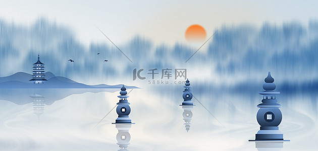 杭州西湖蓝色中国风