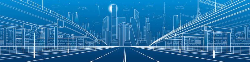 晚上公路。两个交通立交桥。城市基础设施，在背景下，工业建筑的现代城市。白线插画、 夜景、 矢量设计艺术 