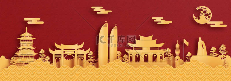 中国厦门世界著名地标全景明信片和旅游海报剪裁式矢量图解