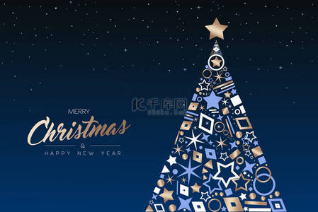 圣诞快乐, 新年贺卡。典雅的圣诞松树做的轮廓图标豪华装饰, 铜色节日插画。Eps10 矢量.