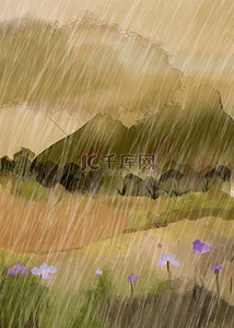 下雨山背景图片_下雨风景水彩背景