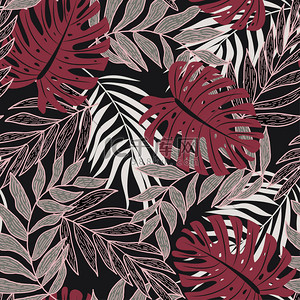趋势抽象无缝模式与五颜六色的热带叶子和植物。矢量设计。丛林打印。鲜花背景。印刷和纺织品。异国情调的热带。全新设计.
