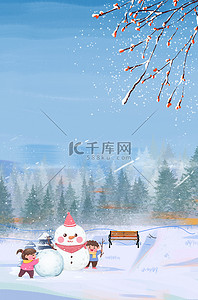 冬至背景图片_冬天雪地雪人冷色卡通背景