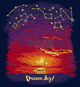 海洋背景图片_梦想与海洋日落的星空下天空中的素描样式的海报