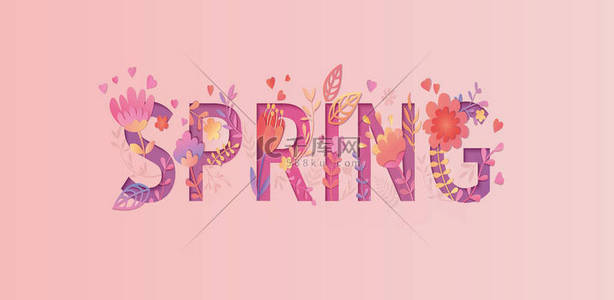 春背景图片_春卡, 剪纸风格。花和叶子在粉红色的背景.