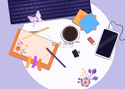职业女人背景图片_紫色底的花卉电脑工作台背景