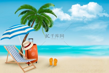 夏天背景图片_棕榈树、 沙滩椅的海滩。夏天度假概念 b