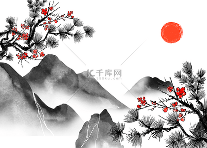 樱花水墨画背景图片_松树云朵山峰水墨背景