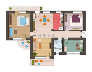 浴室背景图片_建筑平面计划与客厅浴室厨房和休息室家具矢量图的顶视图