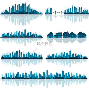 蓝房地产背景图片_组的详细的城市剪影
