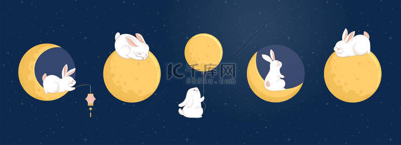 Mid Autumn Festival Concept Design with Cute Rabbits, Bunnies and Moon Illustrations. Chinese, Korean, Asian Mooncake festival celebration. Vector Illustration