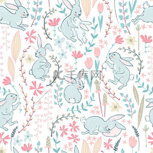 复活节无缝模式与卡通可爱的兔子和花与树枝在柔和的颜色, 矢量, 插图