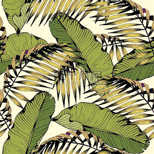 夏季无缝模式与热带树叶和树枝。矢量装饰背景设计