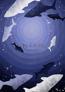 水彩蓝色插画背景图片_海洋生物遨游渐变水彩重彩蓝色背景