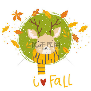 秋天背景图片_五颜六色的秋天插图与鹿。矢量插图 