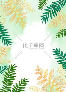 卡通沙滩框背景图片_绿色树木枝叶金色线稿植物背景