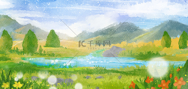 夏季背景图片_夏天山川绿色手绘风夏日风景海报