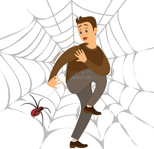 害怕蜘蛛被旋转木马吓到的男人患有蜘蛛恐惧症这是人类的恐惧概念男主角坐在白色背景的蜘蛛网上抱着膝盖害怕昆虫和甲虫害怕蜘蛛男子被旋转器吓到男子遭殃