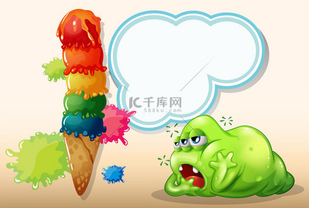 可爱怪物背景图片_昏昏欲睡的脂肪绿色怪物，附近巨大的冰淇淋