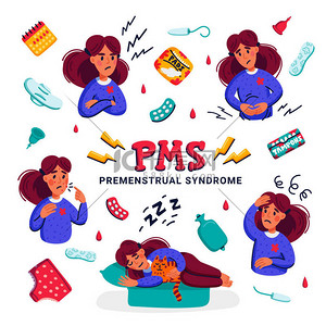 Pms. 患有经前综合症的妇女。月经周期的各种症状和相关产品，如卫生巾和棉签。平面样式矢量插图.