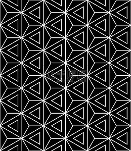 矢量现代无缝神圣几何图案六角形三角形，黑色和白色抽象几何背景、 新潮的打印、 单色复古纹理、 时髦时尚设计