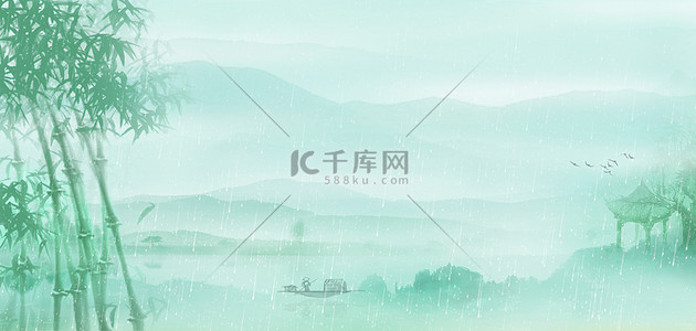 二十四节气节日海报背景图片_水墨山水竹子绿色中国风清明节海报背景