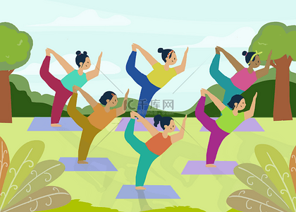 女生运动图背景图片_户外瑜伽课瑜伽练习者