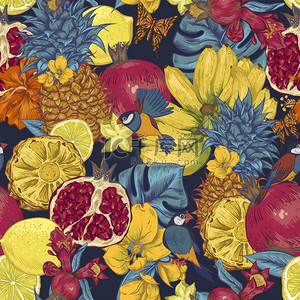 热带水果背景背景图片_老式的无缝背景、 热带水果、 花、 蝴蝶和小鸟