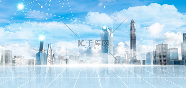 电子商务背景图片_商务科技智能城市蓝色简约创意合成