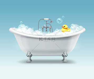 黄色背景背景图片_矢量白色浴缸在复古风格与泡沫和黄色鸭子在梯度背景