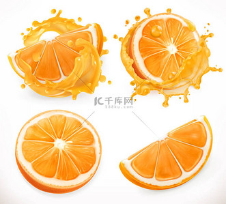 水果背景图片_橙汁。新鲜的水果和飞溅。3D真实感，矢量图标集